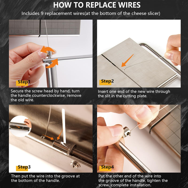 Cheese Slicer with 9 Replacement Wires, Heavy-Duty Stainless Steel Cheese Cutter Board, for Block Cheese, Dishwasher Safe