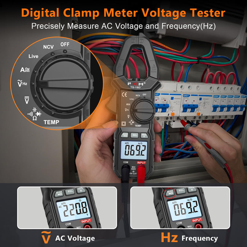 FKM AC/DC 600 Amp Clamp Meter Multimeter Tester TRMS 6000 Counts Auto-ranging Smart Digital Voltage Tester,for AC/DC Current/Voltage,NCV Detection,Capacitance,Resistance,Ohm,Continuity,Diode,Hz,Temp Black-(AC/DC Current)Clamp Meter