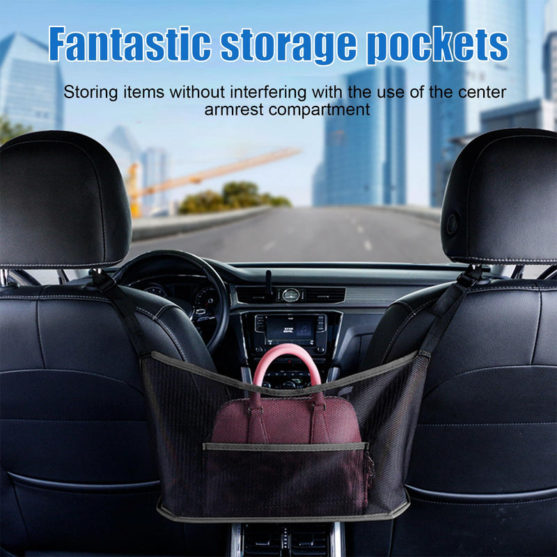 Ziciner Car Net Pocket Handbag Holder, Organizer Mesh Bag Between Two Seat, Driver Storage Netting Pouch for Handbag Purse, Barrier of Backseat Pet Kids, Car Accessories for Women Men (Black) Black