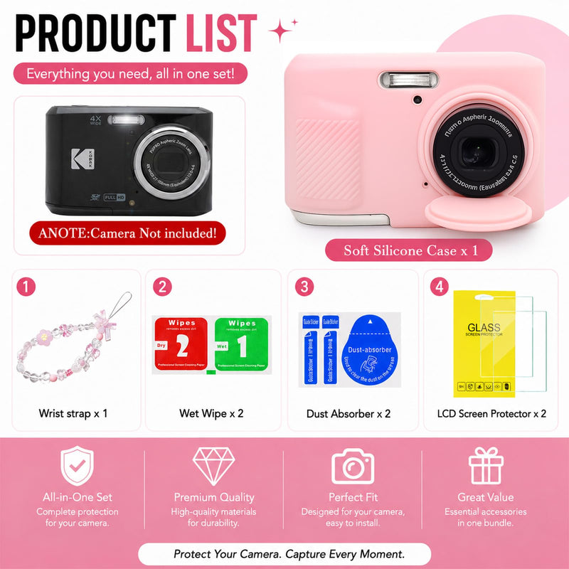 Case for Kodak PIXPRO FZ45 Digital Camera, Silicone Camera Case with Removable Lens Cover,Cute Beaded Charm Strap & 2 Pack Screen Protectors,Aesthetic Travel Camera Accessories (Smoked Pink) Smoked Pink