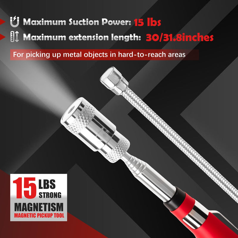 TOOLEAGUE 7Pcs Telescoping Magnetic Pickup Tool Set, Extendable LED Flashlight,Round & Square 360° Inspection Mirror for Men Mechanics, and Handymen, Red 7 7 pcs