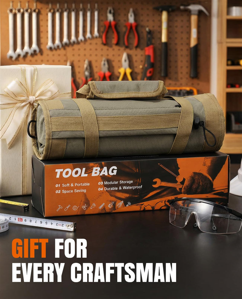 Tool Roll Up Bag, 1680D Heavy Duty Tool Bag Organizer with 2 Detachable Tool Pouches & Multiple Pockets, Waterproof Motorcycle Tool Roll for Mechanic & Electrician, Gift for Men Him Dad, 21.9"*13.8" Khaki
