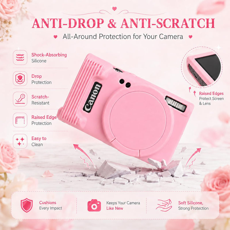Case for Canon PowerShot ELPH 360 with 2-Pack Screen Protector | Removable Lens Cap Silicone Protective Cover with Cute Charm Wrist Strap for Canon ELPH 360 HS/IXY 650 - Pink Canon PowerShot ELPH 360/IXY 650