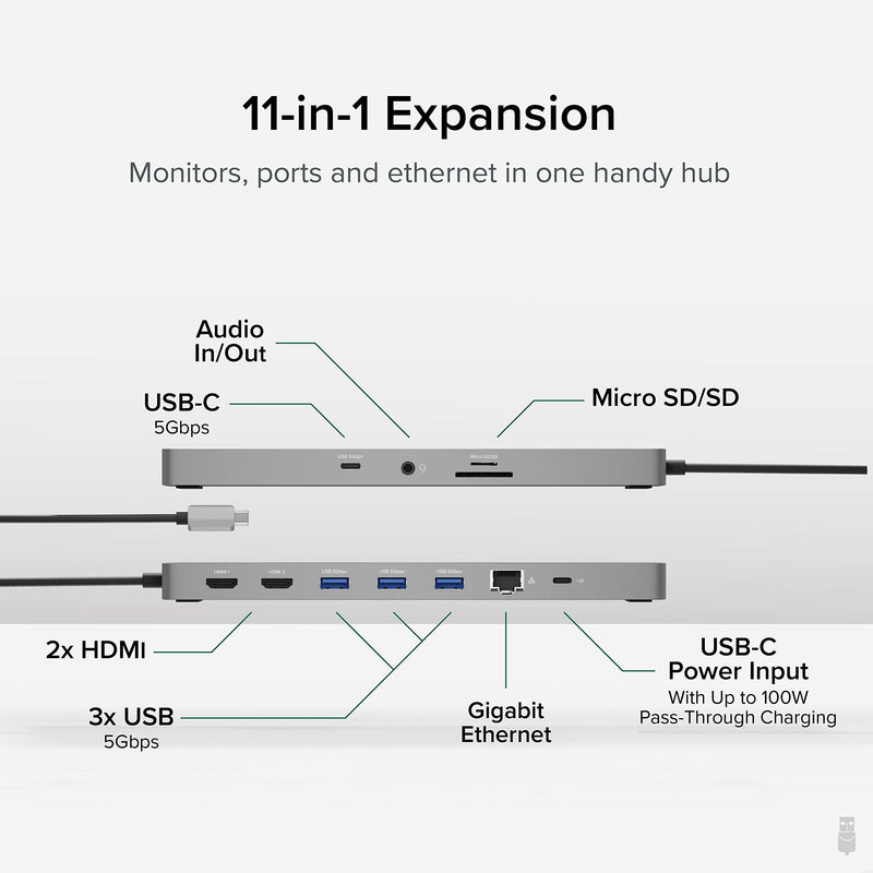 Plugable 11-in-1 USB-C Hub, 100W USB-C Pass-Through, Laptop Docking Station Dual Monitor, 4K 60Hz HDMI, Compatible with Thunderbolt, Windows, Chromebooks, Displays Mirrored on Mac