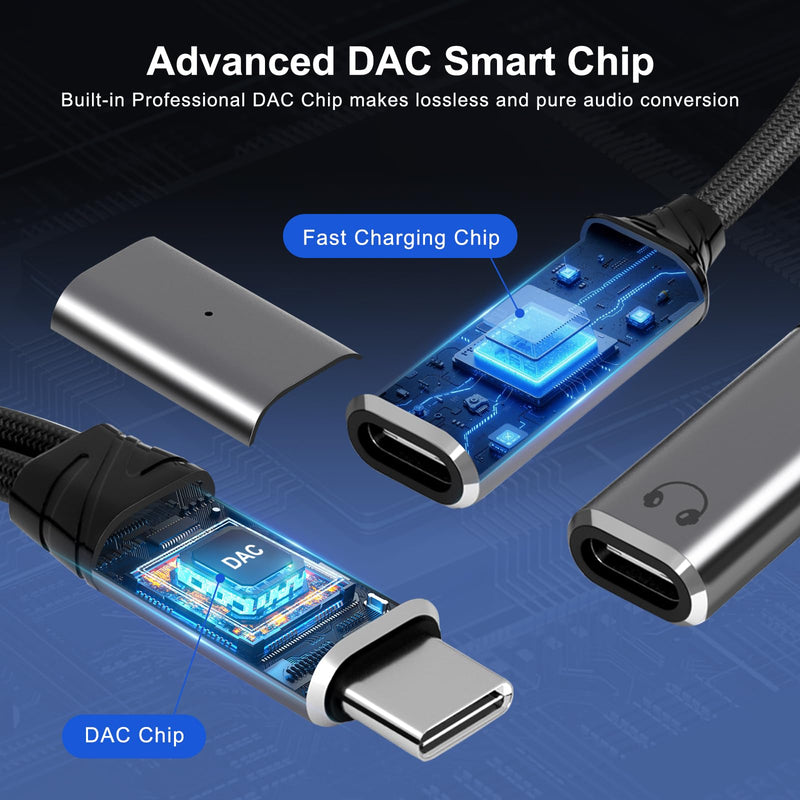 Mandiq USB C Splitter 1 in 2 Out，Type C to Headphone Jack Adapter and Charger Adapter Audio Dongle Cable with PD 100W for iPhone 16 15 Pro Max， iPad Pro，More USBC Grey