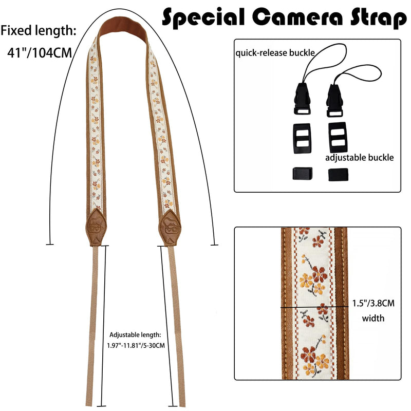 Leather Camera Strap, Quick Release Camera Neck Strap for All Cameras, Retro Jacquard Camera Straps for Photographers Brown Embroidery Camera Strap-04