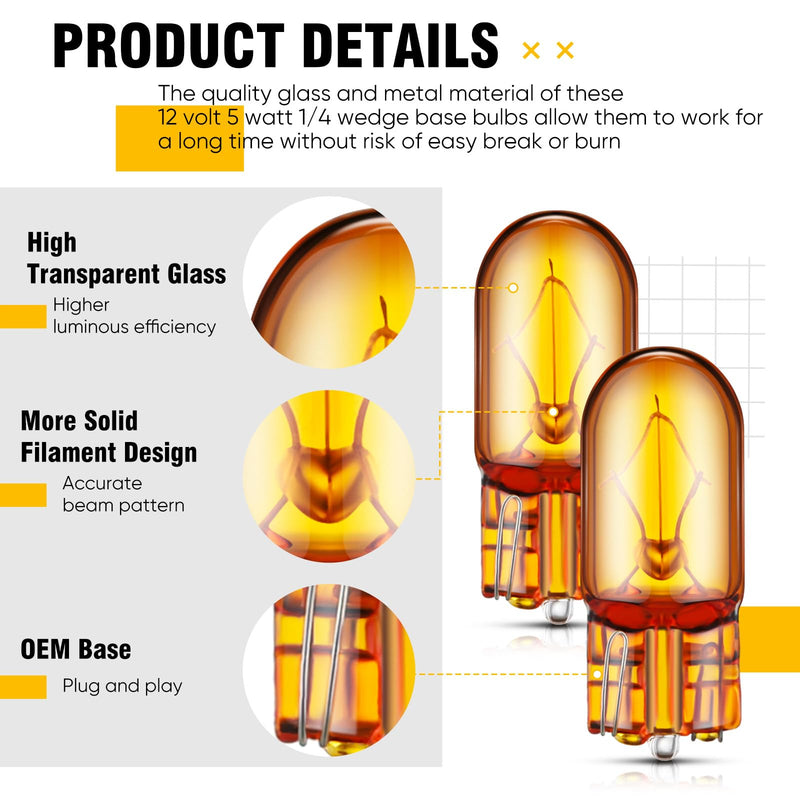 2827NATB 2825 Bulb 12V 5W W2.1 x 9.5D Base Natural Amber Parking Light Side Marker Light Bulbs Front Lights Headlights