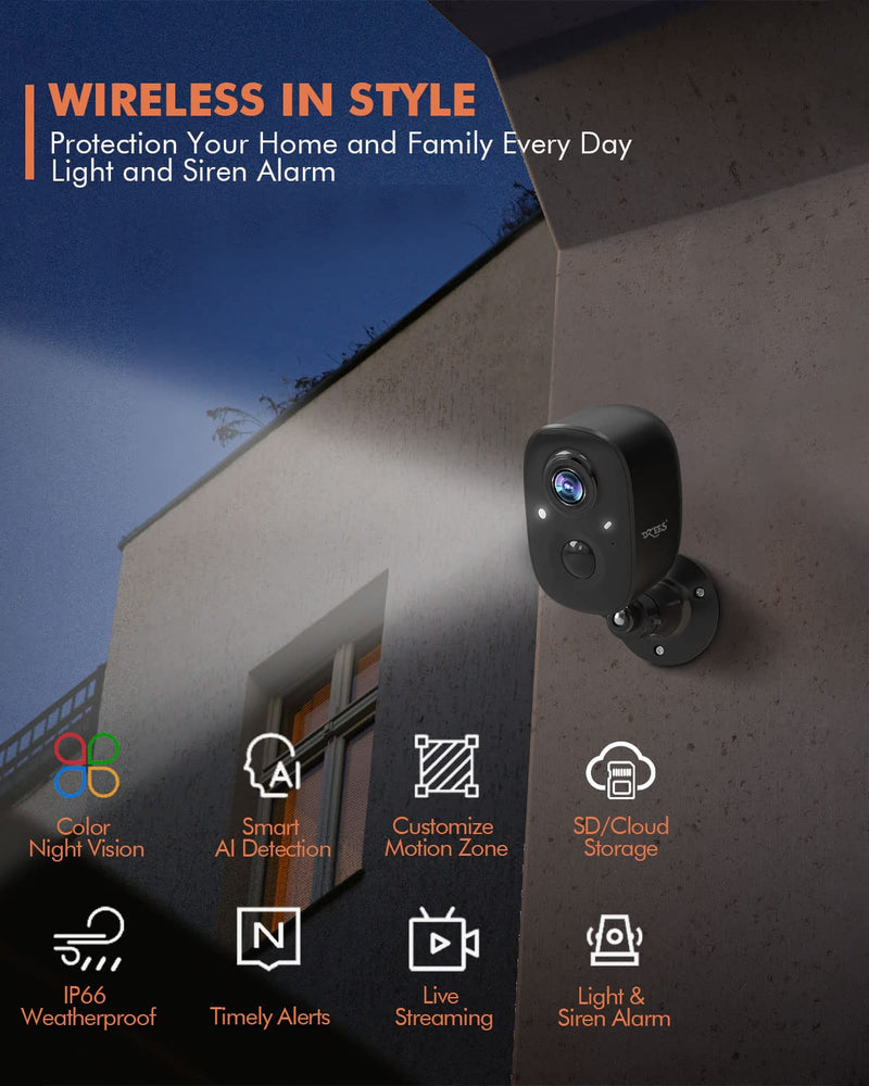 Dzees 2K Security Cameras Wireless Outdoor - 5W Solar Powered WiFi Home Surveillance Camera with USB-C, Motion Sensor, Floodlight, Night Vision, 2-Way Audio, IP66 Waterproof, Cloud/SD Storage