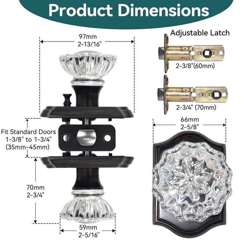 Crystal Door Knobs Interior, Oil Rubbed Bronze Antique Glass Door Knob with Lock for Bathroom Bedroom, 1 Pack Glass Doorknob Oil Rubbed Bronze-Rosette