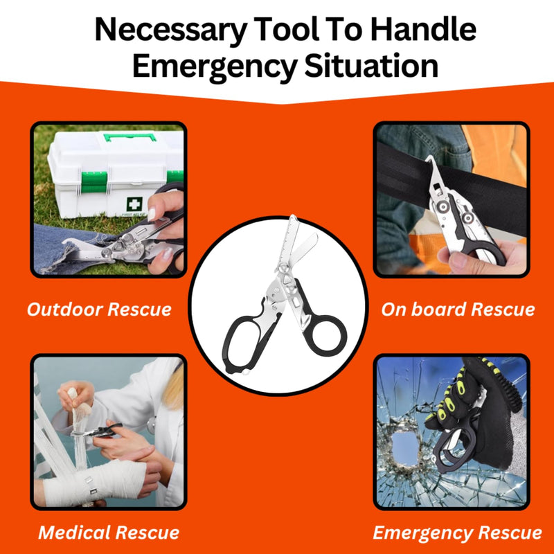Pack 2 | 6 in 1 Multifunctional Trauma Shears Foldable with Strap Cutter | Heavy Duty Stainless Steel Emergency Response Shears | Survival Shears With Holster | Medical Trauma shears Tactical | Black