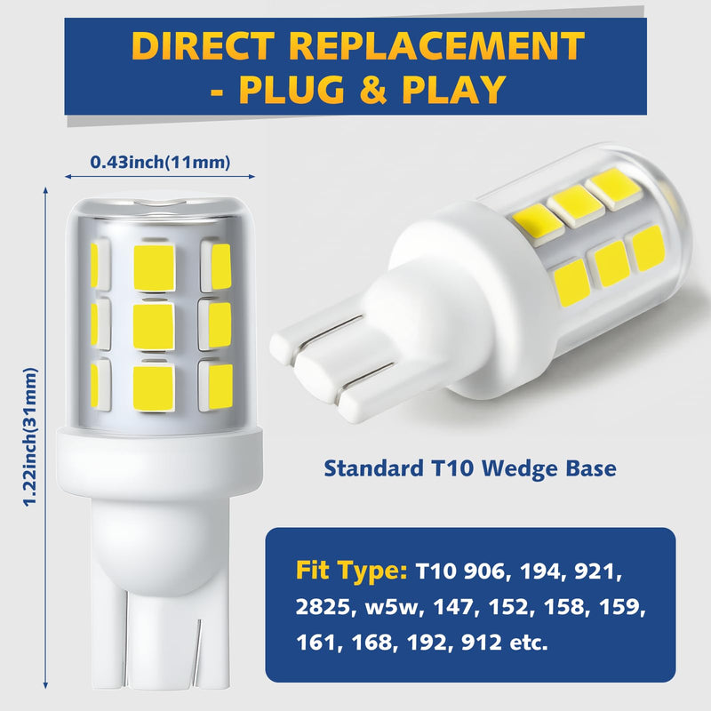 T10 Wedge Base Boat Light LED Bulb 12-24V, 6000K White Marine Navigation Lights Replacement for Anchor Stern Interior All-Round Masthead Trailer Deck Light, Fits Pontoon Boats Sailboat Kayak (4PCS) 4 Pcs