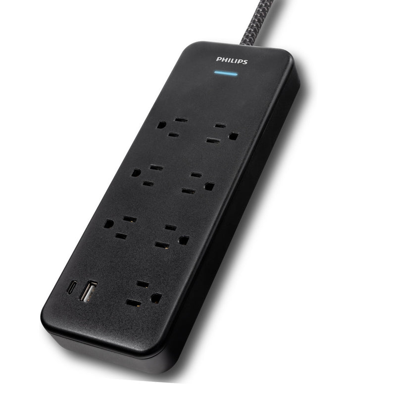 Philips 7-Outlet Surge Protector, 6 Ft Braided Extension Cord, Adapter-Spaced, 1 USB-A, 1 USB-C, 15W, 1500J, Black, SPP3703B/37