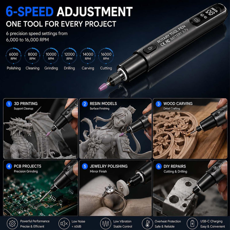 Mini Cordless Rotary Tool, 6-Speed, 3.7V Rechargeable Rotary Tool Kit with 36 Accessories, USB Charging Digital Display Multi-Purpose DIY Tool for Sanding, Polishing, Drilling, Engraving 3d Combo 36PCS