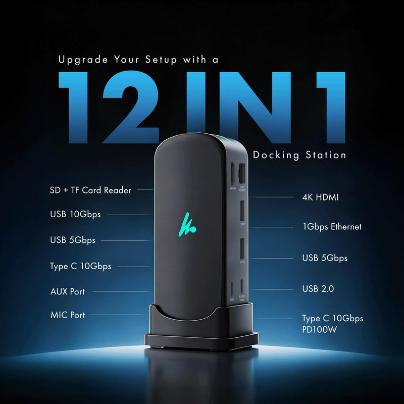 Type C 12 in 1 Wozoyo Docking Station, 4K@60Hz HDMI, Gigabit Ethernet 2XType-C 10Gbps, USB 10 Gbps, PD 100WUSB 2.0, AUX & MIC, SD/TF, Compatible Thunderbolt 4, macOS, Windows, Android & iOS 12-in-1