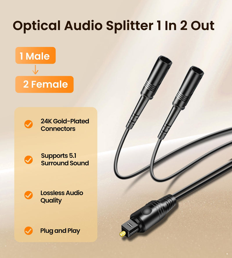 avedio links Optical Audio Cable Splitter 1 in 2 Out, Toslink Digital Fiber Audio Splitter 1 Male Input 2 Female Output Support LPCM2.0 Doldy DTS Digital & DTS 5.1CH for Xbox,PS4,TV Box,Sound Bar,etc 1 Male 2 Female 3ft