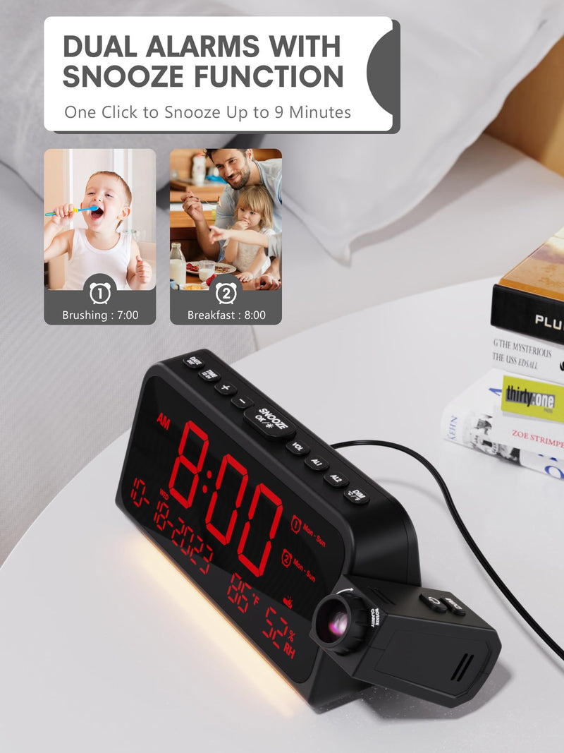 Projection Alarm Clock for Bedroom Ceiling, Digital Clock Projector with Weekday/Weekend Mode, Date, Temperature, Humidity, Type-C USB Charger, Night Light, Dual Alarms, DST, Dimmer,12/24H Red Digit+ Red Projection
