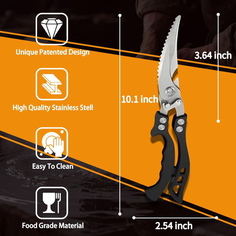 Heavy Duty Professional Poultry Shears - Stainless Steel Kitchen Meat Scissors with Sheath, Dishwasher Safe Spring Loaded Utility Shears for Cooking, Butchering, Cutting Black&tongs&sheath Scissors set