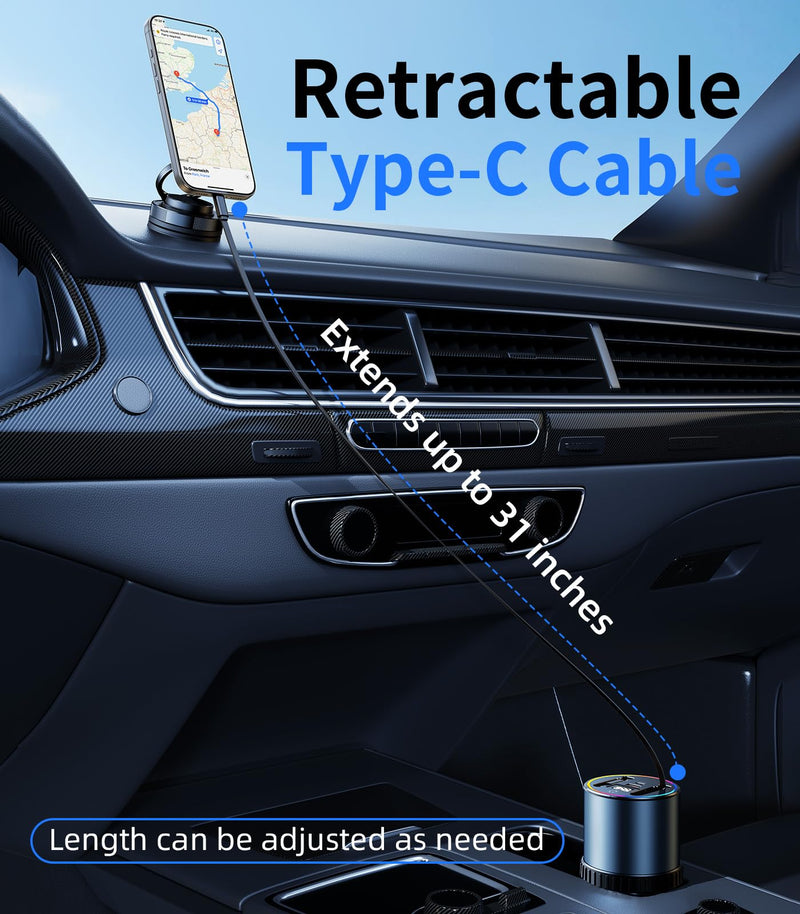 Retractable Car Charger USB Hub with RGB Light, 4 Port Car Charging Station Cigarette Lighter Adapter, Travel Essentials Car Accessories Gadgets for Men Gifts for iPhone 17 16 15 14 13 Pro Max