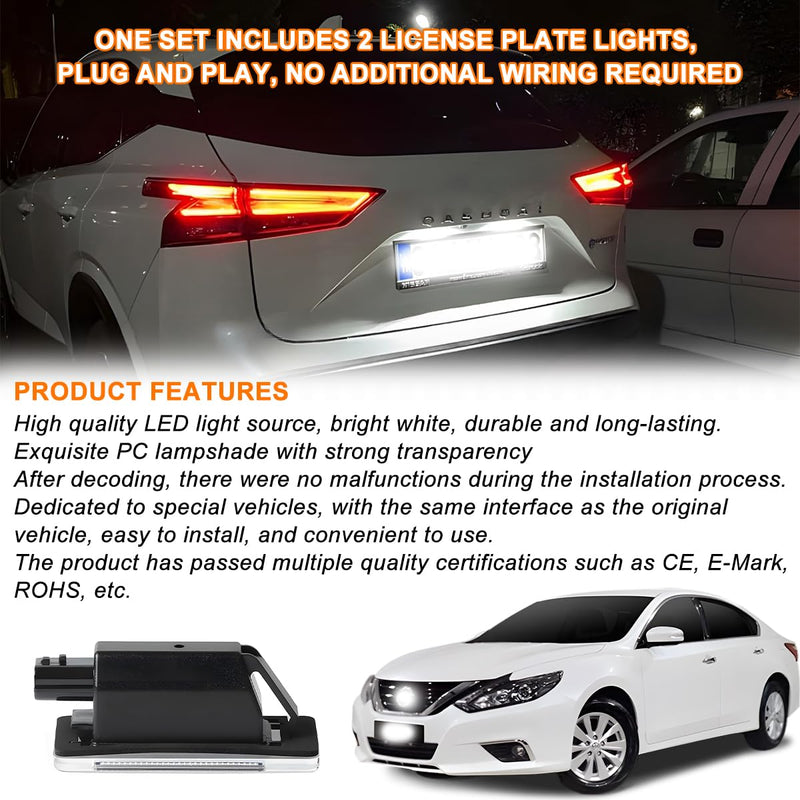 HZEL Car LED License Plate Light, 2PCS Vehicle Rear Tag Lamp Assembly, Automotive Tail Xenon Tag Lighting Kit Replacement Accessories Compatible with Altima Sentra Rogue Versa