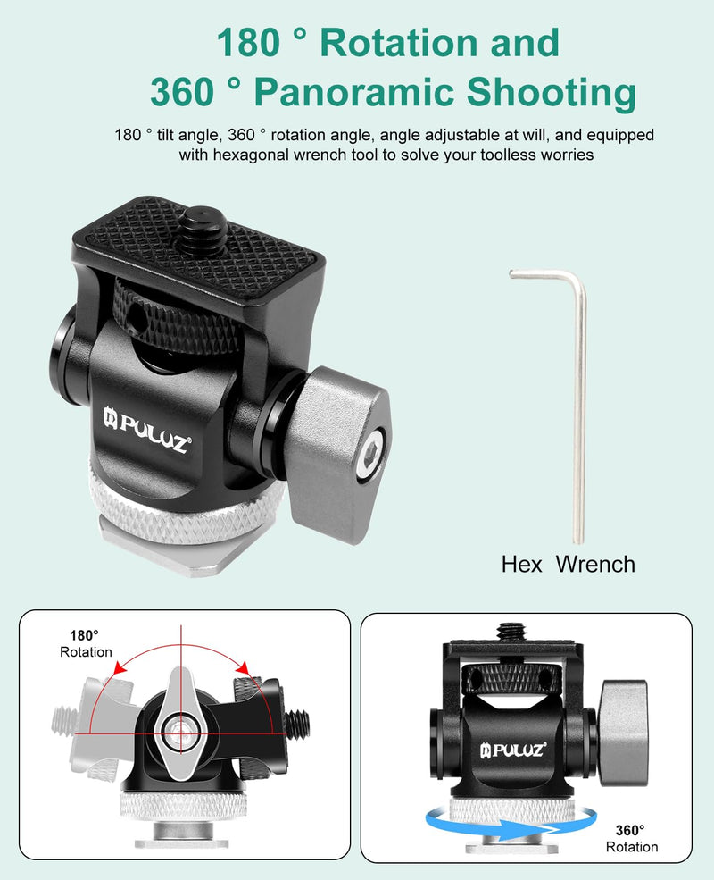 PULUZ Mini Camera Monitor Mount with Cold Shoe, Mount Adapter with 1/4" Screw 360° Swivel & Adjustable 180° Tilt Damping for Monitors, Video Recorders, Cameras and Other Equipment(Silver) Silver, Black