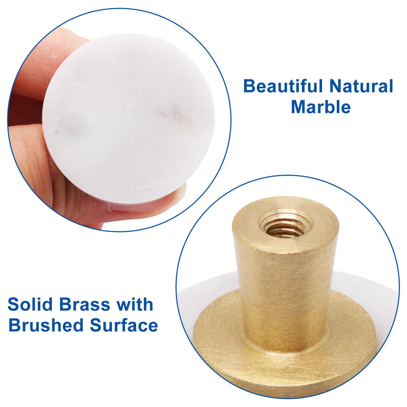 5pcs Marble Cabinet Knobs, Modern Decorative Cabinet Knobs, White Stone Brushed Brass Base Drawer Knob Handles Pull for Kitchen Bathroom Dresser (White) 5
