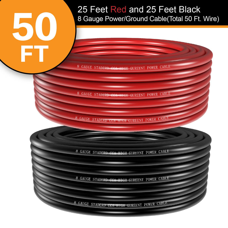 50FT 8 Gauge Wire Copper Clad Aluminum CCA Black/Red with 8ga lugs,60A Fuse Holder,Heat Shrink Tube - Battery Power/Ground Cable,Car Audio Speaker,RV Trailer Amp Wiring kit (25ft Each- Black/Red) 50FT