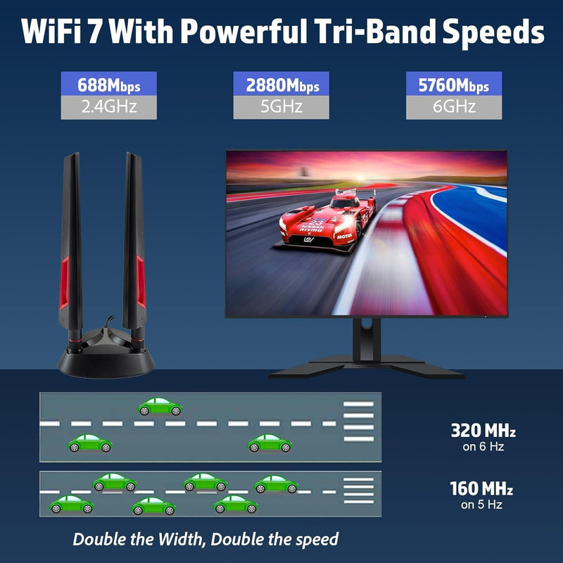 9dBi WiFi 7 Tri-Band Magnetic Base Gaming Antenna with New Connector for ASUS ROG Strix X870E-E X870-A X870-Plus B650-Plus ASUS Prime TUF Gaming and More PC Desktop Computer Gaming Motherboard