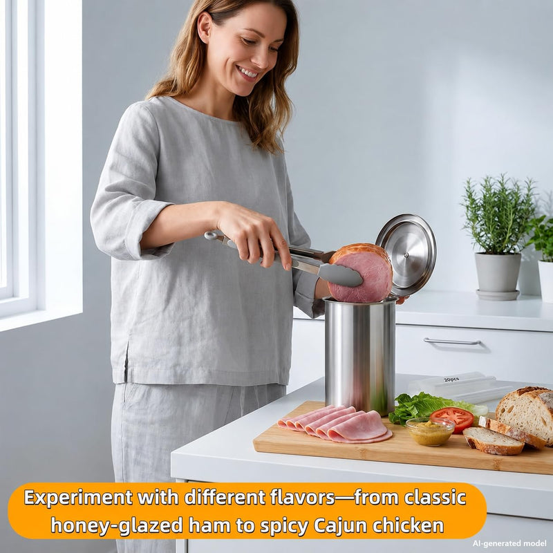 Deli Meat Press Stainless Steel with Thermometer, Lunch Meat Press Mold, Ham Maker Meat Press Tool, with 20 Cooking Bags + 2 anti-scalding clips, for Making Sandwich (Deli Meat Press Set) Deli Meat Press Set