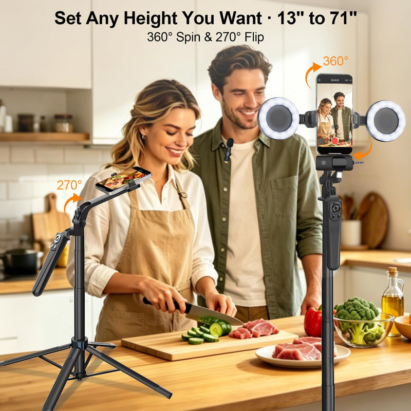 Content Creator Essentials Vlogging Kit for iPhone, Tripod & Wireless Mic | 71" Tripod with light, remote, selfie stick, phone stand. Designed for TikTok, YouTube, video recording