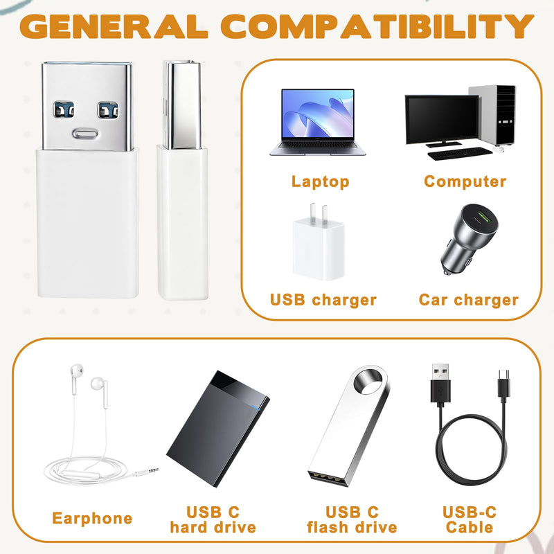Xthrotsenk 6 PCS USB B to C Adapter USB C to B Adapter White | Female To Male Converter for Most Phone Types Car Charger Connections Wall Plugs