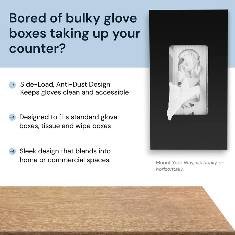 Glove Holder for Wall Mount Dispenser - Single Black - Side-Loaded Acrylic Rack - Disposable Glove Box