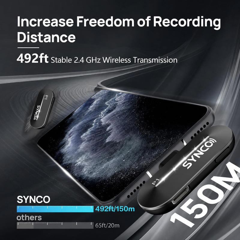 SYNCO Wireless Lavalier Microphone for iPhone 15/16/17, USB-C Wireless Mic with Noise Cancellation, 492ft Range, Real-Time Monitoring, Plug & Play Lapel Mic for TikTok, YouTube, Vlog & Streaming P1XT
