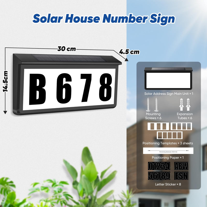 Solar-Powered LED Address Sign, IP65 Waterproof House Numbers with Dual Colors (3000K/6000K) for Door Mailbox Wall, Includes Mounting Kit