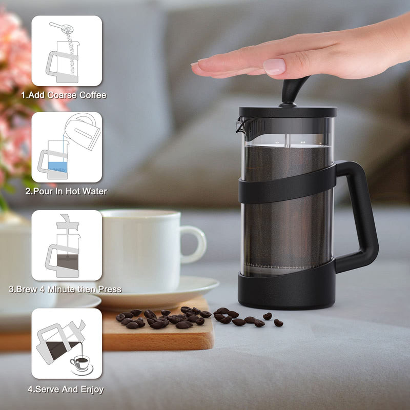 RAINBEAN Mini French Press Coffee Maker, 12 oz, Camping Coffee Press Pot, Small French Press, Tea and Frothed Milk Press (Black, 12 oz) Black 355 ml