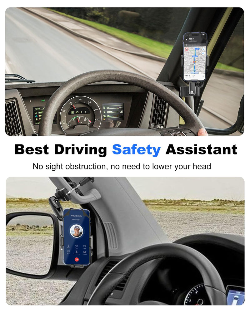 Truck Phone Mount for A Pillar Grab Handle [Anti-Shake] Metal Adjusting Arm Phone Holder Clip for Car, Semi Truck, Pickup, SUV, Van, Tractor, Excavator, Front Loader, Fit for iPhone 17 16 15