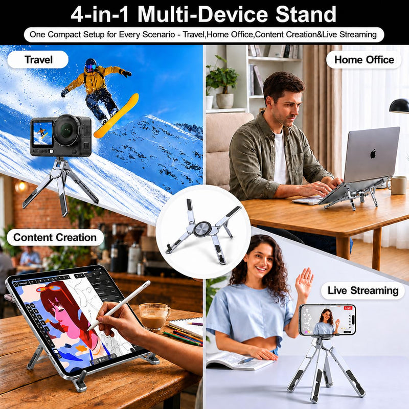 4-in-1 Adjustable Laptop Stand for desk with Magnetic Phone Holder & Camera Tripod, Foldable Aluminum Stand for Laptop, Tablet, Camera, Portable Ergonomic Desk Setup for Travel & Remote Work(Gun Gray) Gun Gray
