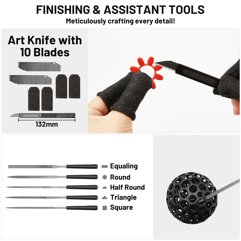 3D Printing Tool Set, 58Pcs 3D Printer Accessories with Deburring Tools, Removal Scrapers, Blades, Pliers, Wrenches, Brushes, Suitable for 3D Printed Finishing, Deburring and Cleaning