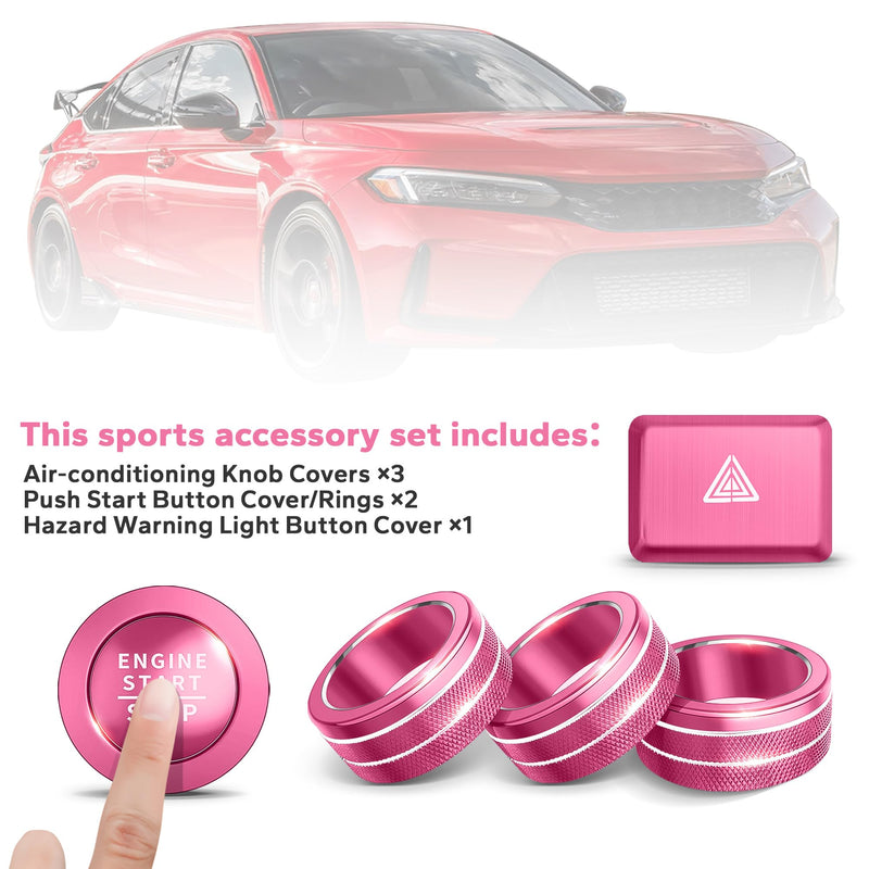 for Honda Civic 2022-2026, CRV/HRV/Accord 2023-2026, Acura Integra 2023-2025 & ADX 2025 Accessories, 6pcs Aluminum Alloy Knob Cover Trim Set - Push Start, AC & Hazard Light (Pink) Pink