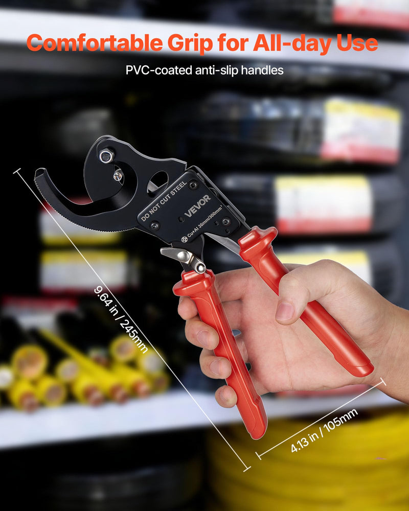 VEVOR Ratcheting Cable Cutter, Spring Steel Blades with PVC-Coated Handles, Quick-Release Button, Heavy Duty Ratchet Cable Wire Cutter for Cutting Copper & Aluminum Cables Up to 600 MCM / 300 mm² 11inch/600 MCM / 300 mm²