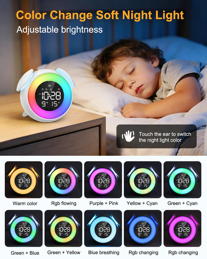 Kids Alarm Clock, Toddler Sleep Training Clock, OK to Wake Alarm Clock with 9 Colors Night Light, 7 Soothing Sounds, Dual Alarms, Birthday Gift for Boy Girls Children