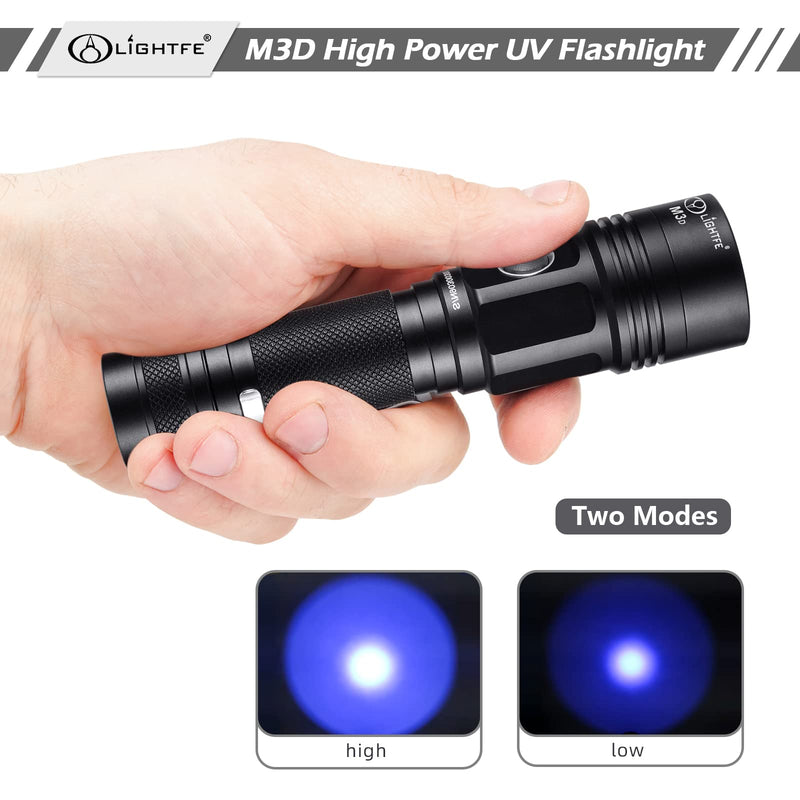 LIGHTFE Black Light M3D-365nm UV Flashlight USB Charging Port LED Handheld Torch High Power Power Output for UV Glue Curing, Pet Urine Detection, AC Leak Detection