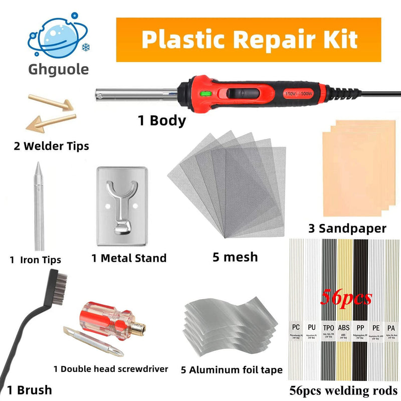 100W Plastic Welder, 2-in-1 Plastic Welding Kit with Soldering Iron Tips & 56Pcs Rods, 3-Speed Temperature Control Soldering Iron Gun, Professional Surface Repair Tool for Car Bumper,Dashboard, Kayak Red