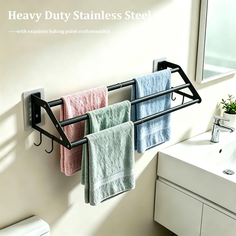 3-Layers Bathroom Towel Bar Wall Mounted Adhesive or Screw Mounting, 13.5"-24.5" Adjustable Bath Towel Holder Rack Stainless Steel Black Hand Towels Rod Hanger with Hooks for Home Kitchen Toilet