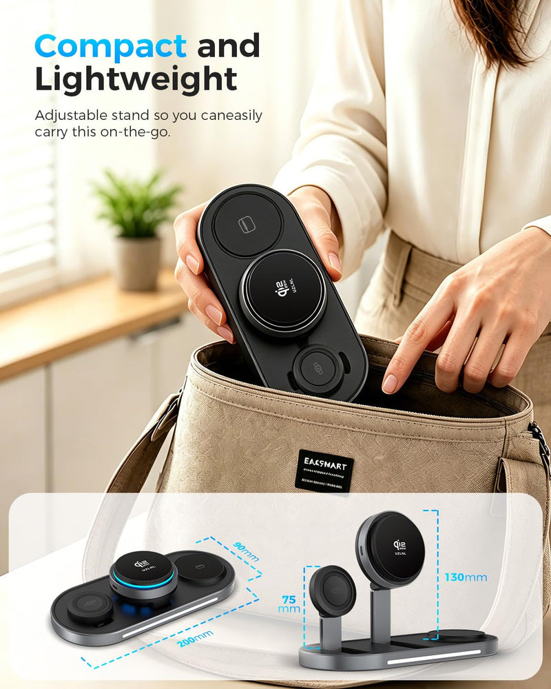 25W 3 in 1 Wireless Charging Station for Qi2.2 Magsafe Charger for Apple | for iPhone 17 16 15 14 Pro Max,Apple Watch,Airpods,Foldable Charging Stand, Cooling Fan, Multi Device Charging, Travel, Black