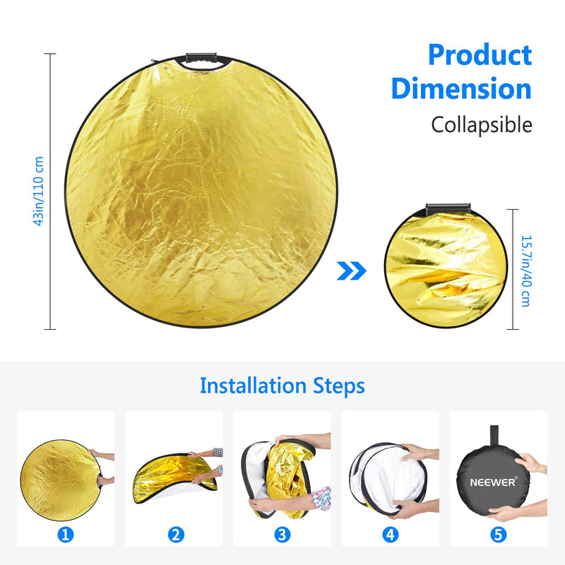 Neewer 5-in-1 Portable Round 43 in/110cm Light Reflector Collapsible Multi-Disc with Single Grip and Bag for Studio Photography Lighting and Outdoor Lighting - Gold/Silver/White/Black/Translucent