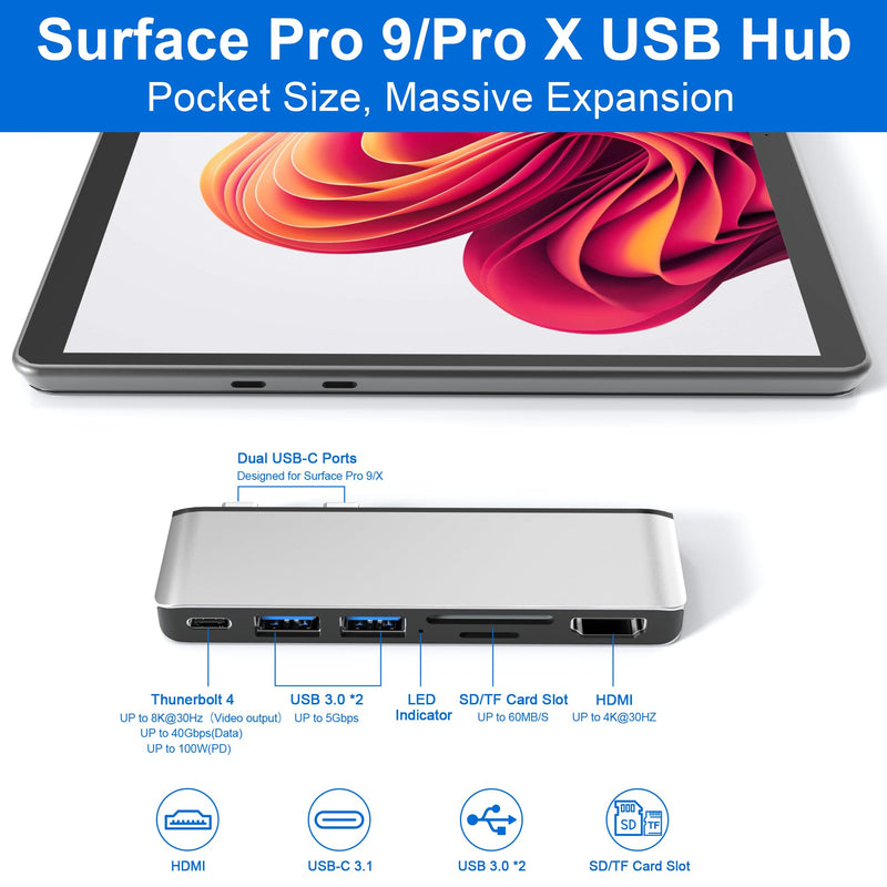 Surface Pro 9 USB Hub Docking Station, Surface Pro 9 Accessories with 4K HDMI, USB-C Thunerbolt 4 (8K Video+Data+100W PD), 2 USB 3.0, SD/TF Card Slot, USB C Hub for Surface Pro 9/Pro X