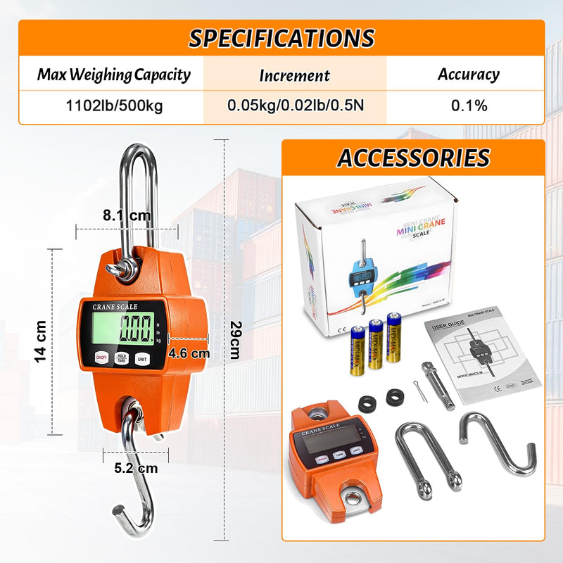Digital Hanging Scale, 1100lb/500kg Handheld Crane Scale, Small Crane Scale with LCD Display and Hooks, Aluminum Alloy Body for Hunting, Outdoor, Luggage, Farm (Orange) Orange-1100lb
