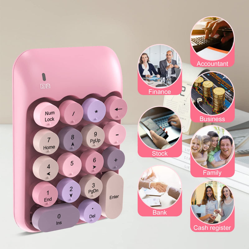 PINKCAT Wireless Number Pad, Cute 18 Keys Numeric Keypad with 2.4G Mini USB Receiver, Portable Silent Number Numpad Financial Accounting for Laptop, PC, Notebook, Desktop, Surface - Pink Mix 637-2.4G+Pink Mix