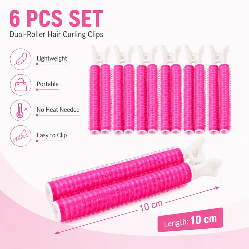 6 Piece Heatless Hair Curlers for Natural Volume and Lift, Self Grip Hair Rollers with Built in Clips, Reusable Curling Rollers for Fringe, Roots and Everyday Styling, Hot Pink