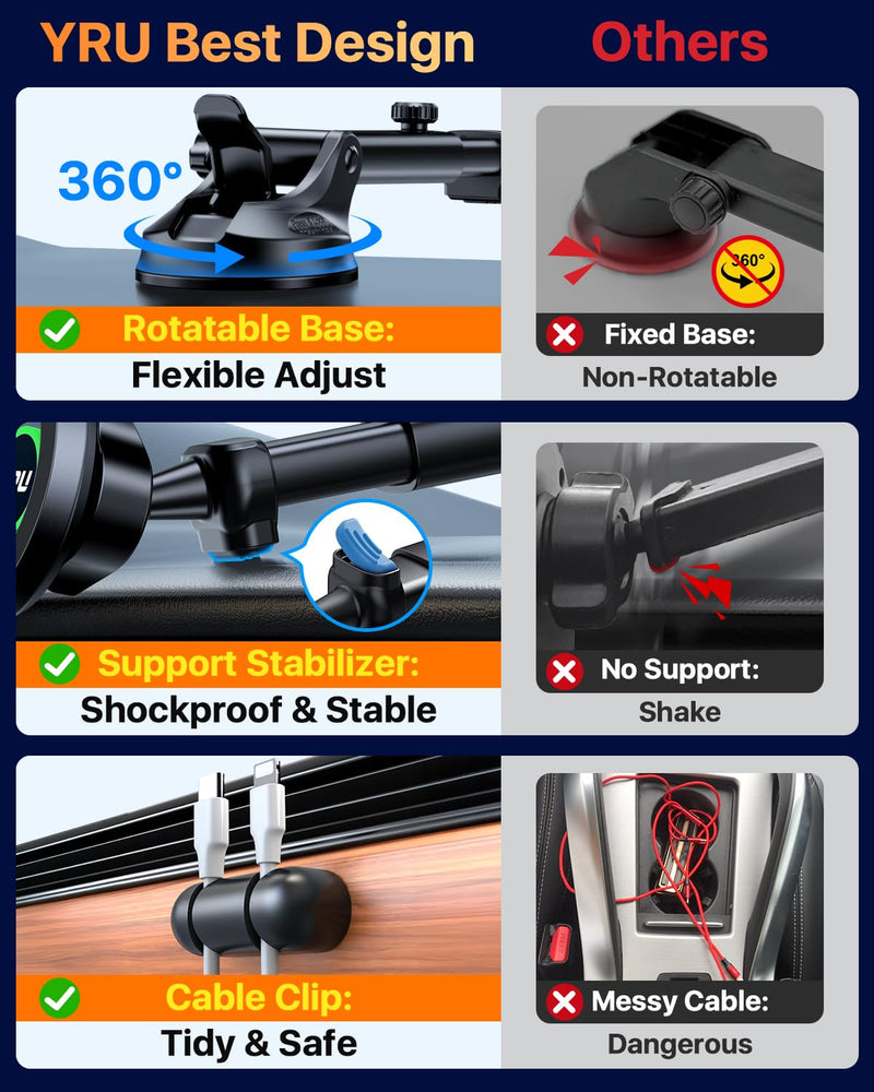 YRU [2025 Military-Grade] for Magsafe Car Mount [90+LBS Strong Suction] 360° Adjustable Magnetic Phone Holder for Car Dashboard Windshield Vent, Cradle for iPhone 17 16 15 14 13 12 Samsung, Black